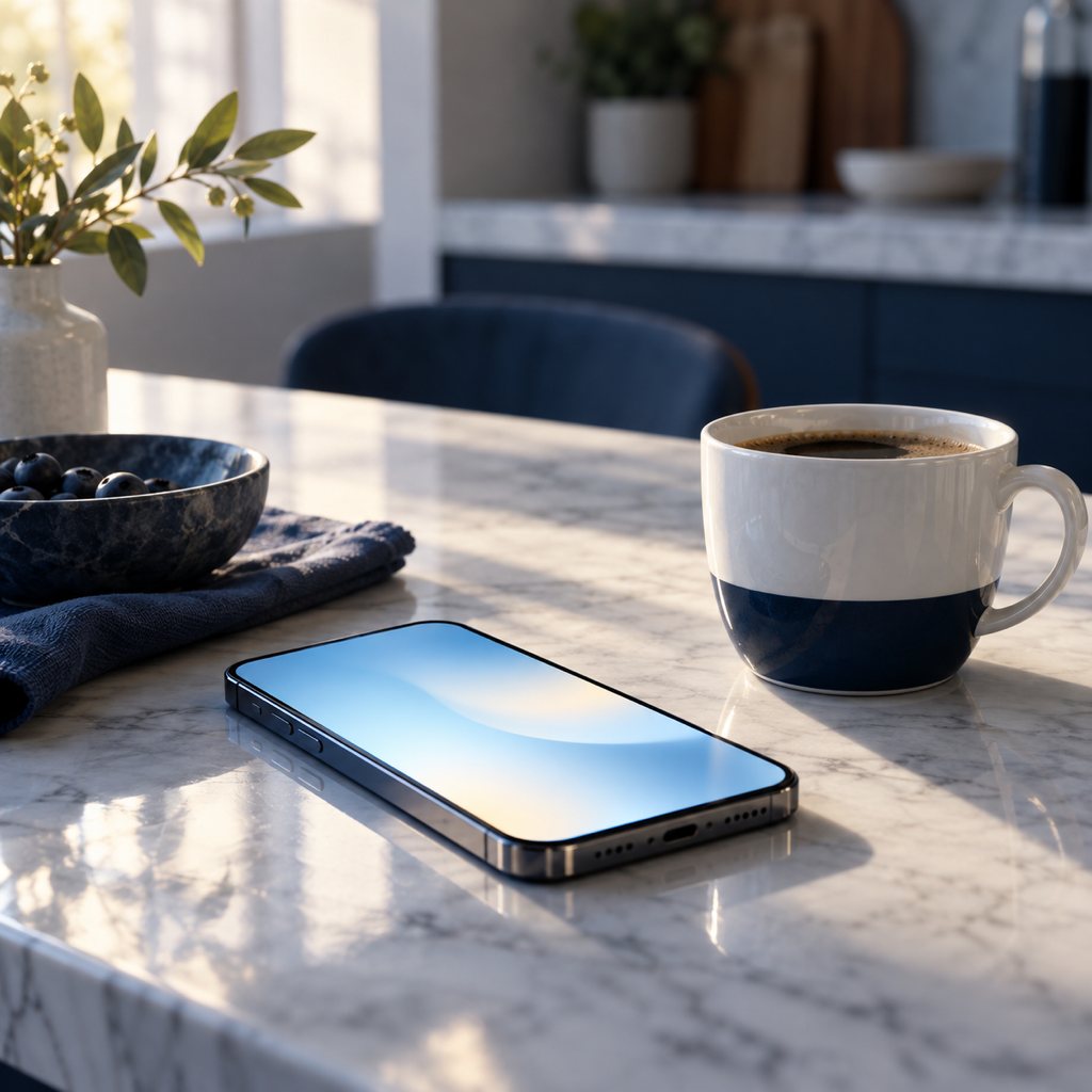 朝の窓辺のスマートフォンとコーヒー
