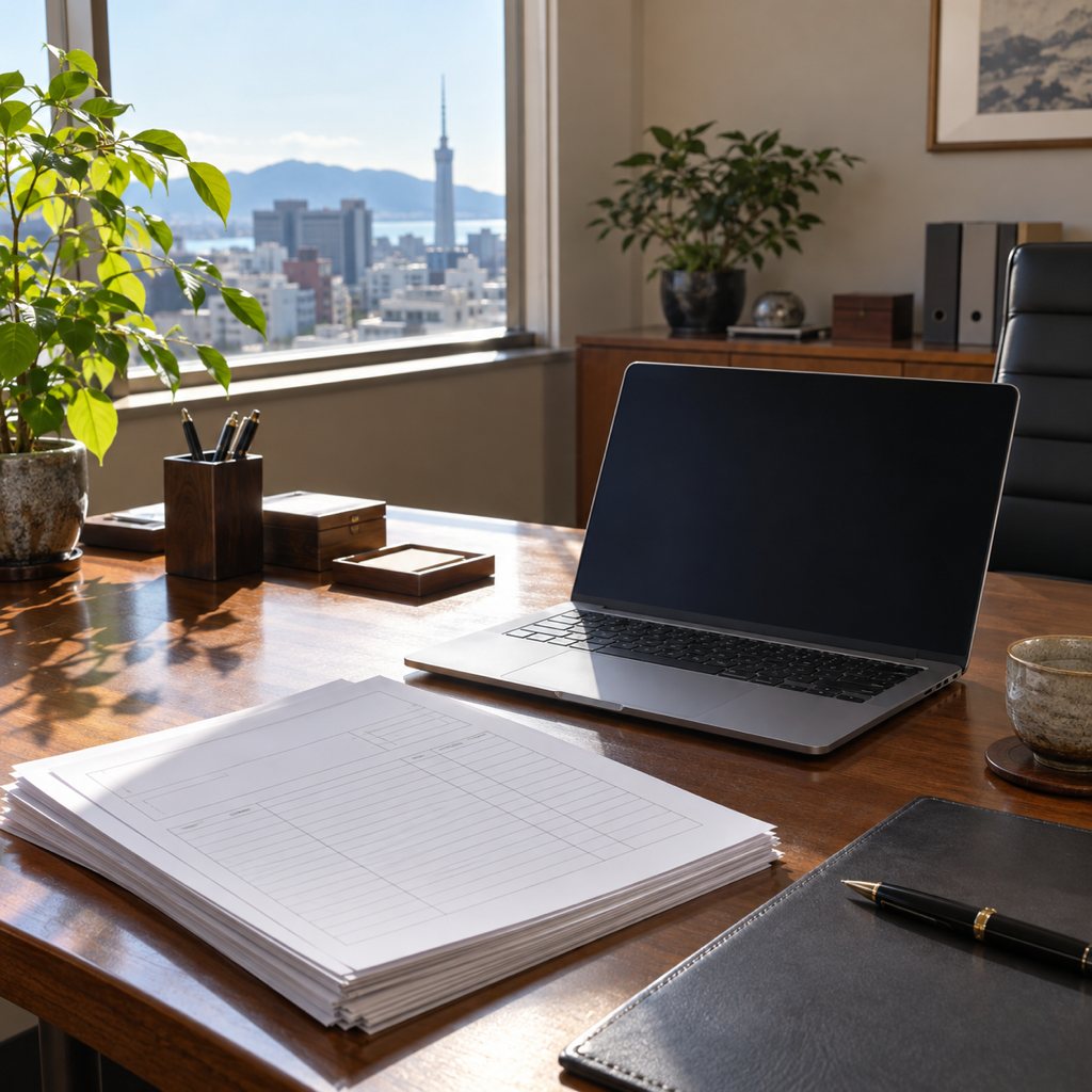朝の光が差す社長の机。ノートPCと請求書の束